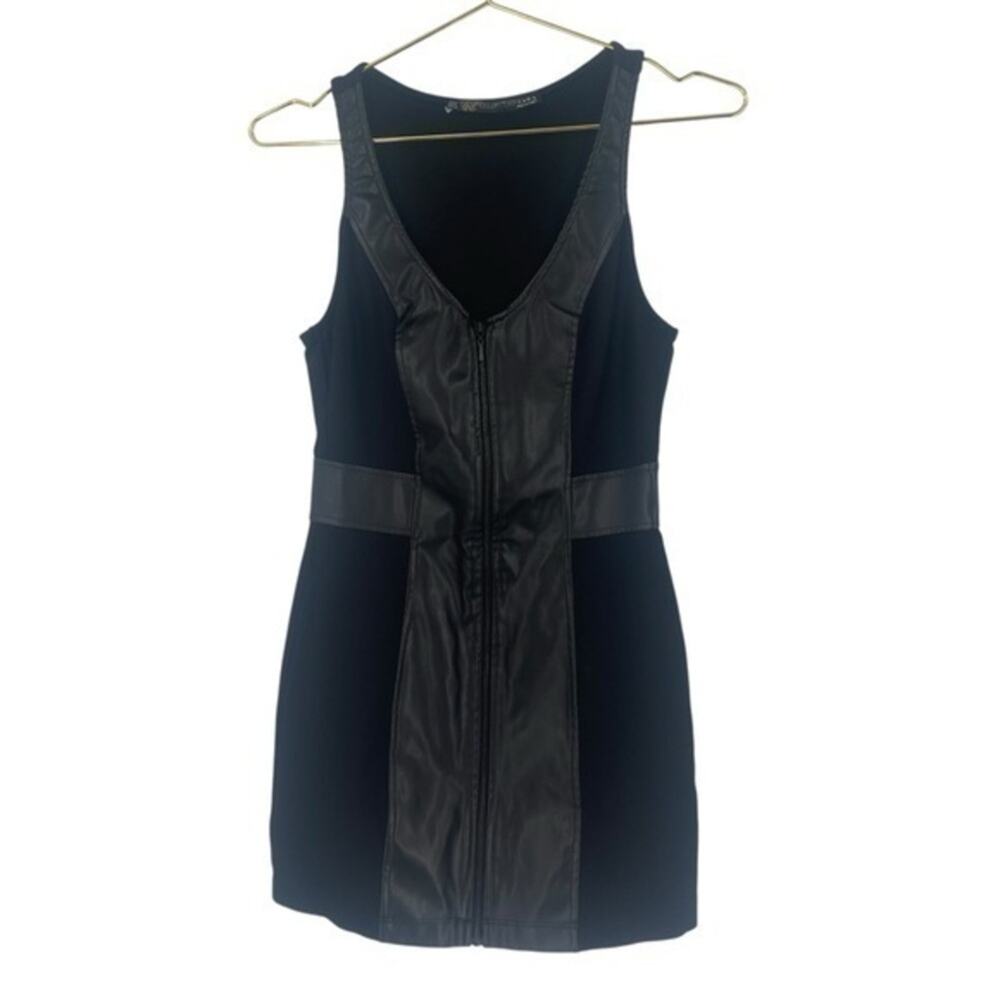 Zara TRF Collection Size small Black Knit Faux Leather Zip Stretch Mini Dress